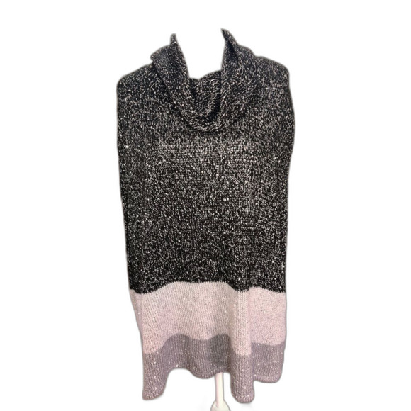 Chico’s Color Block Sparkle Cape S/M Knit Poncho Shawl Gray Silver Boho Cozy - Picture 3 of 6